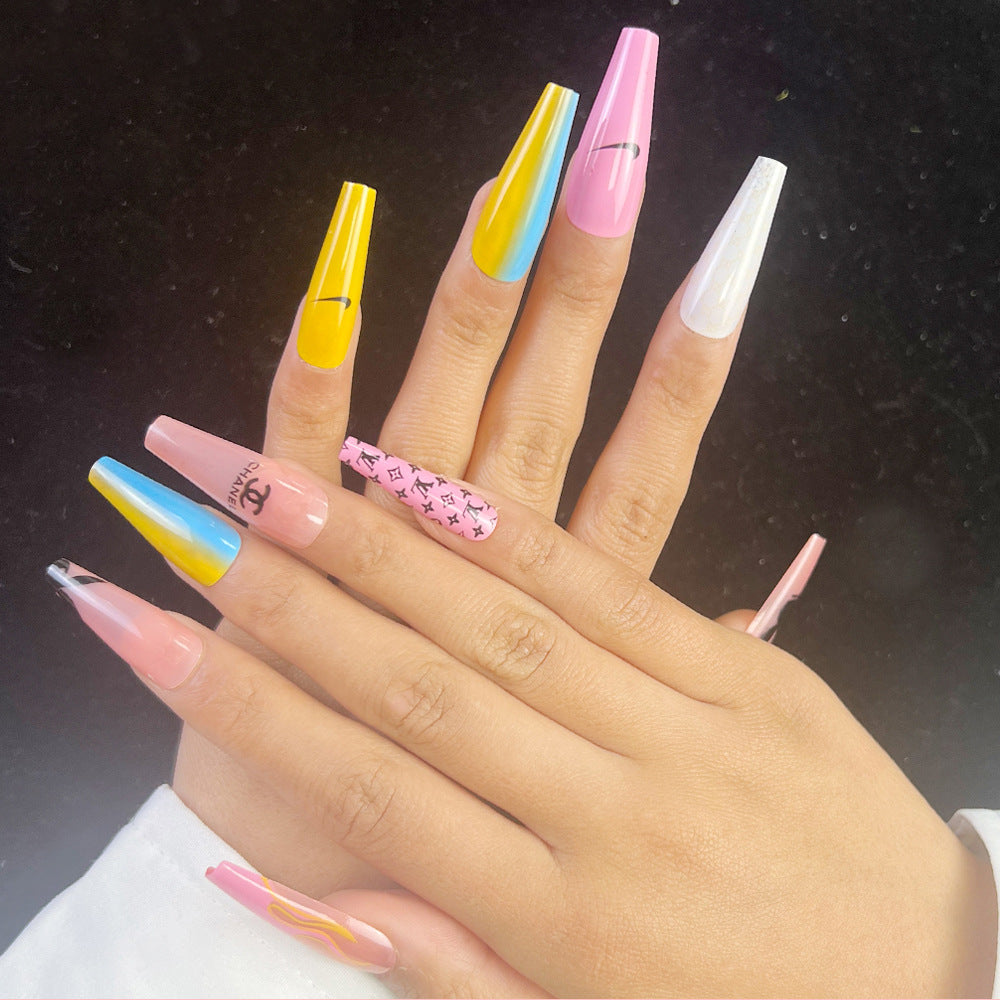 Chic Rainbow Glam Long Coffin Colorful Ombre Design with Luxury Accents Press On Nail Set