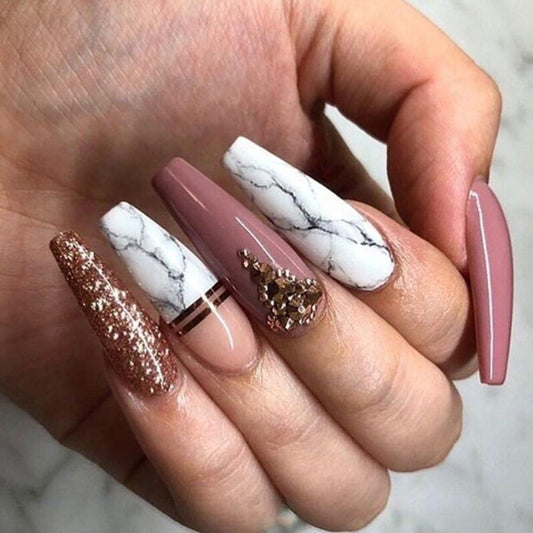 Elegant Affair Long Coffin Pink Marble Sparkle Charm Press On Nail Set