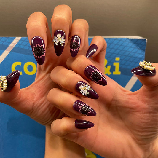 Elegant Floral Night Long Almond Purple Press On Nail Set with Eye-Catching Gem Accents