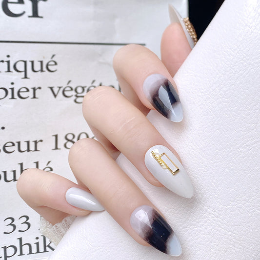 Chic Modern Glam Long Almond Gradient White and Black Press On Nail Set with Gold Accent Detail