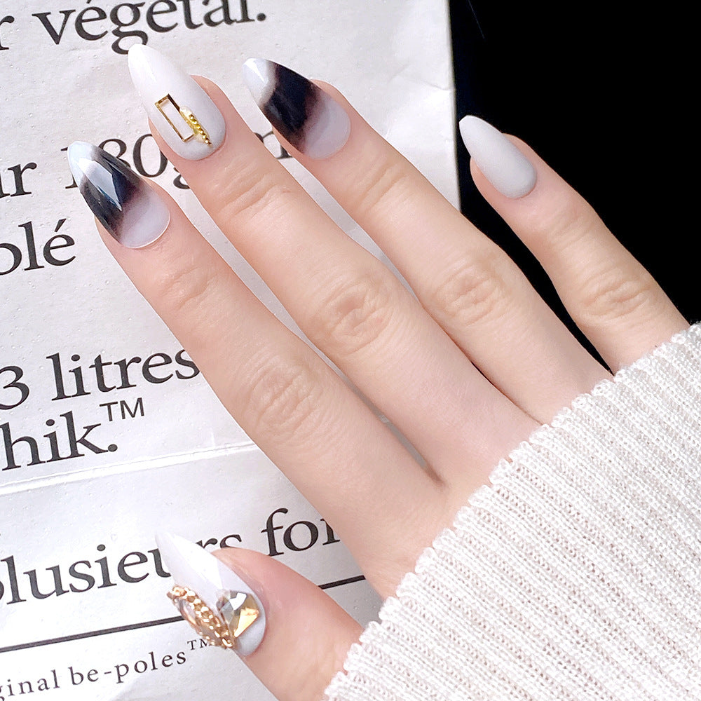 Glamorous Moonlit French Almond Press On Nail Set Long Elegant White and Black with Gold Accents