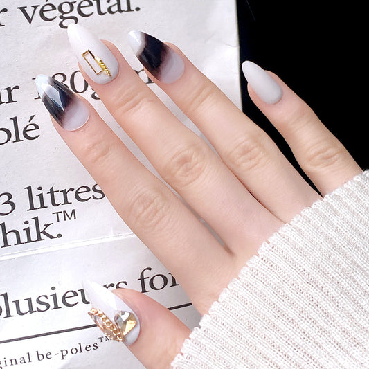 Glamorous Moonlit French Almond Press On Nail Set Long Elegant White and Black with Gold Accents