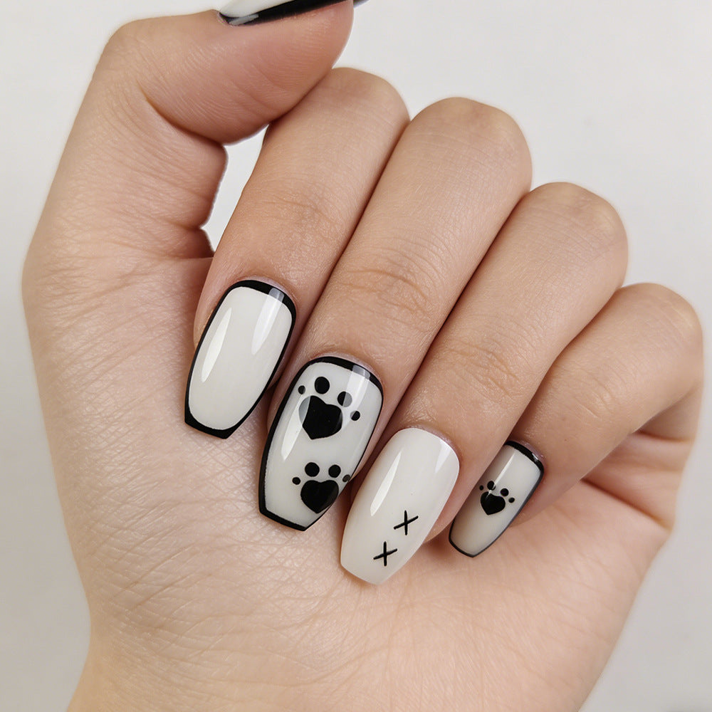 Paw-some Adventure Medium Coffin White with Black Accent and Cute Paw Prints Press On Nail Set