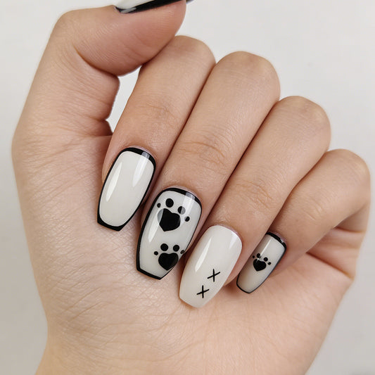 Paw-some Adventure Medium Coffin White with Black Accent and Cute Paw Prints Press On Nail Set
