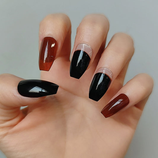 Gothic Elegance Medium Coffin Black and Brown Ombre Press on Nail Set with Clear Accent Design