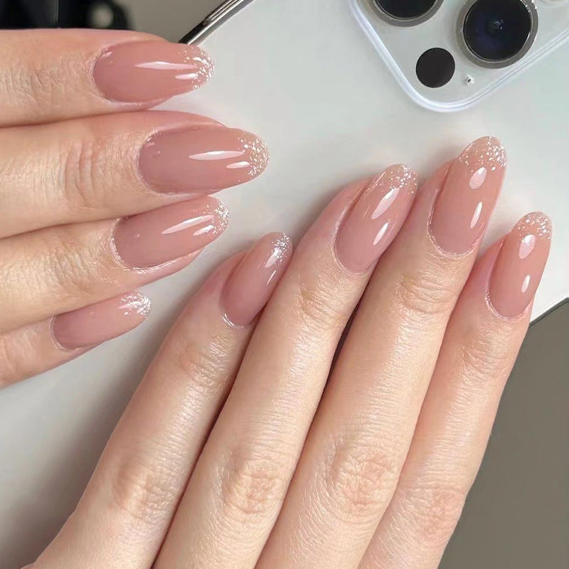 Elegant Fairy Tale Medium Almond Beige Nails with Sparkling Tips