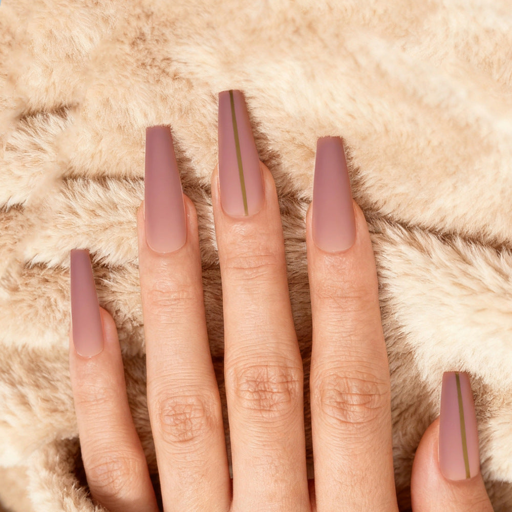 Chic Elegance Long Coffin Matte Mauve Nails with Unique Gold Stripe Design