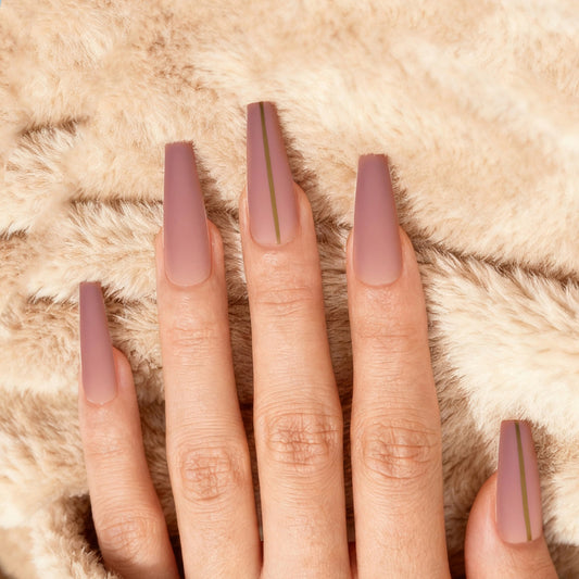 Chic Elegance Long Coffin Matte Mauve Nails with Unique Gold Stripe Design