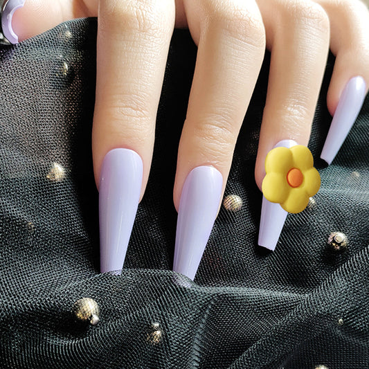 Flower Power Long Coffin Lavender Press On Nail Set with Charming Floral Accent