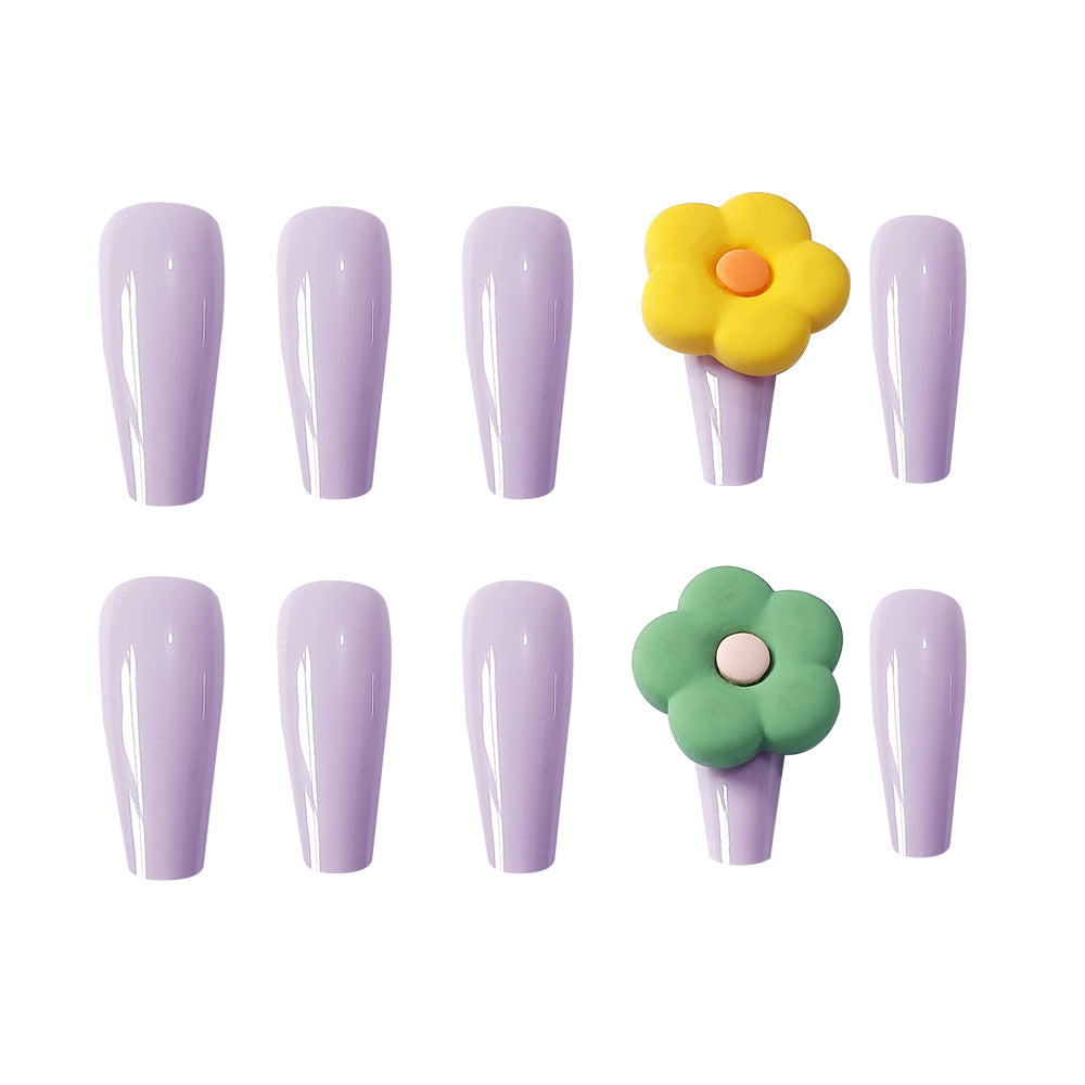 Flower Power Long Gorgeous Coffin Lavender Press On Nail Set with Colorful Floral Accents