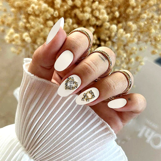 Elegant Dream White Medium Oval Long Press On Nail Set with Sparkling Gemstone Accents