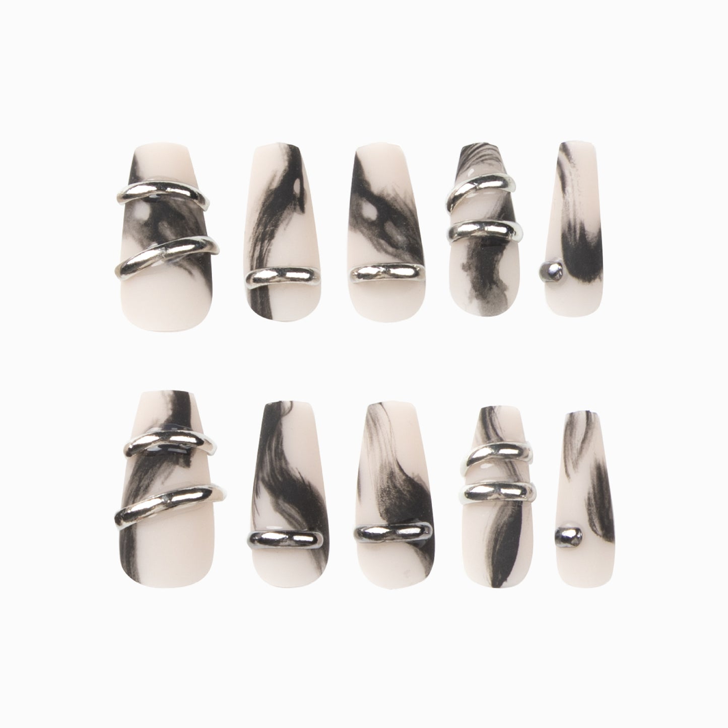 Chic Marble Dream Long Coffin White and Black with Metallic Rings Press On Nail Set