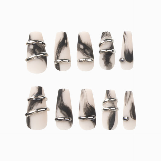 Chic Marble Dream Long Coffin White and Black with Metallic Rings Press On Nail Set