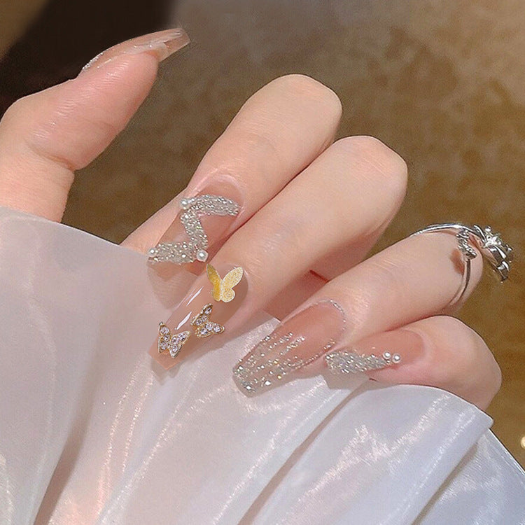 Whimsical Elegance Extra Long Coffin Clear Nails with Glitter Butterfly Accents