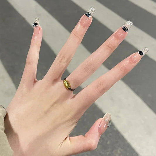 Glamorous Midnight Chic Long Coffin Sparkling Ombré Nail Set with Elegant Glitter Tips