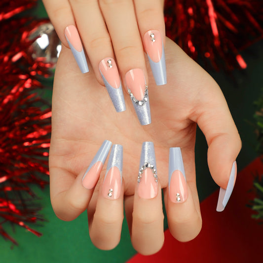 Glamorous Winter Wonderland Long Coffin Shape Soft Peach and Shimmering Blue with Dazzling Rhinestone Accents Press On Nail Set