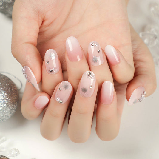Charming Winter Wonderland Press on Nail Set Medium Round Blush Pink with Sparkling Snowflake Accents
