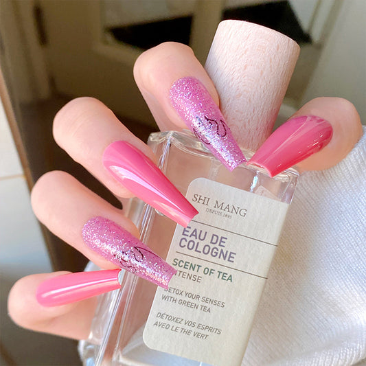 Cherry Blossom Dream Extra Long Coffin Pink Press On Nail Set with Sparkly Glitter Accents