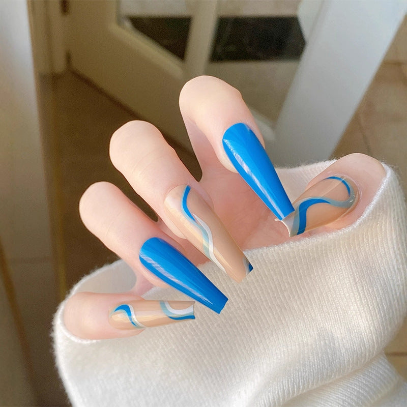 Ocean Breeze Long Coffin Press On Nail Set in Vibrant Blue with Elegant Swirl Design