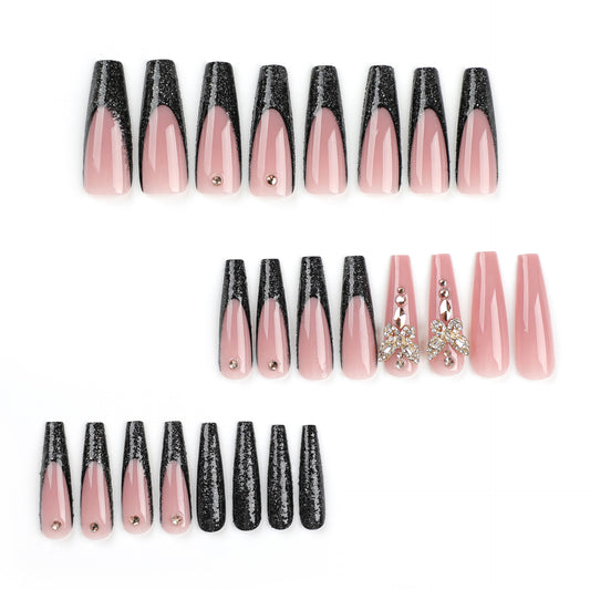 Glitz and Glamour Long Coffin Pink and Black Press On Nail Set with Rhinestone Accents