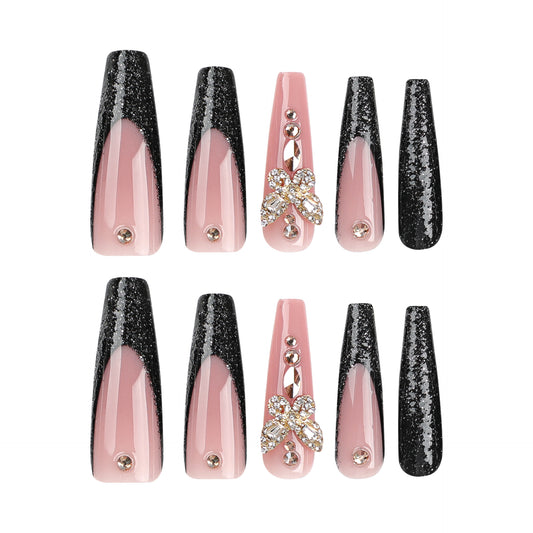 Glamorous Nightfall Long Coffin Press On Nail Set in Long Black and Pink with Glittery Accent Feature