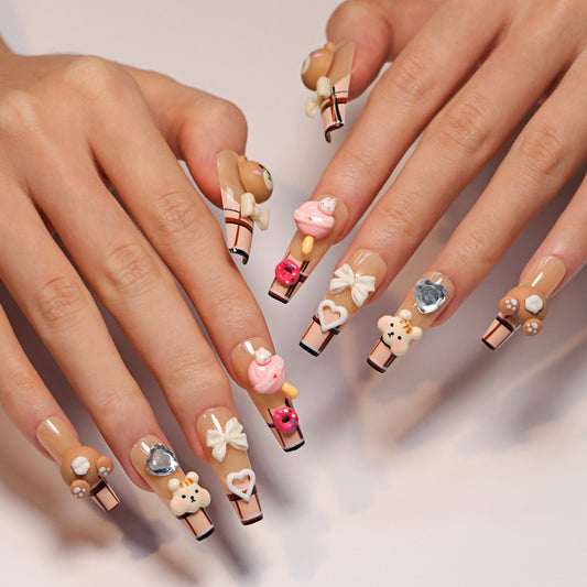 Whimsical Dessert Dreams Long Coffin Pink and Beige Nail Set with Charming 3D Decorations