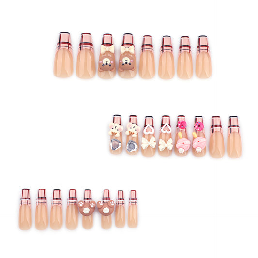 Whimsical Delight Press On Nail Set Long Coffin Beige with Adorable Animal and Sweet Treat Designs