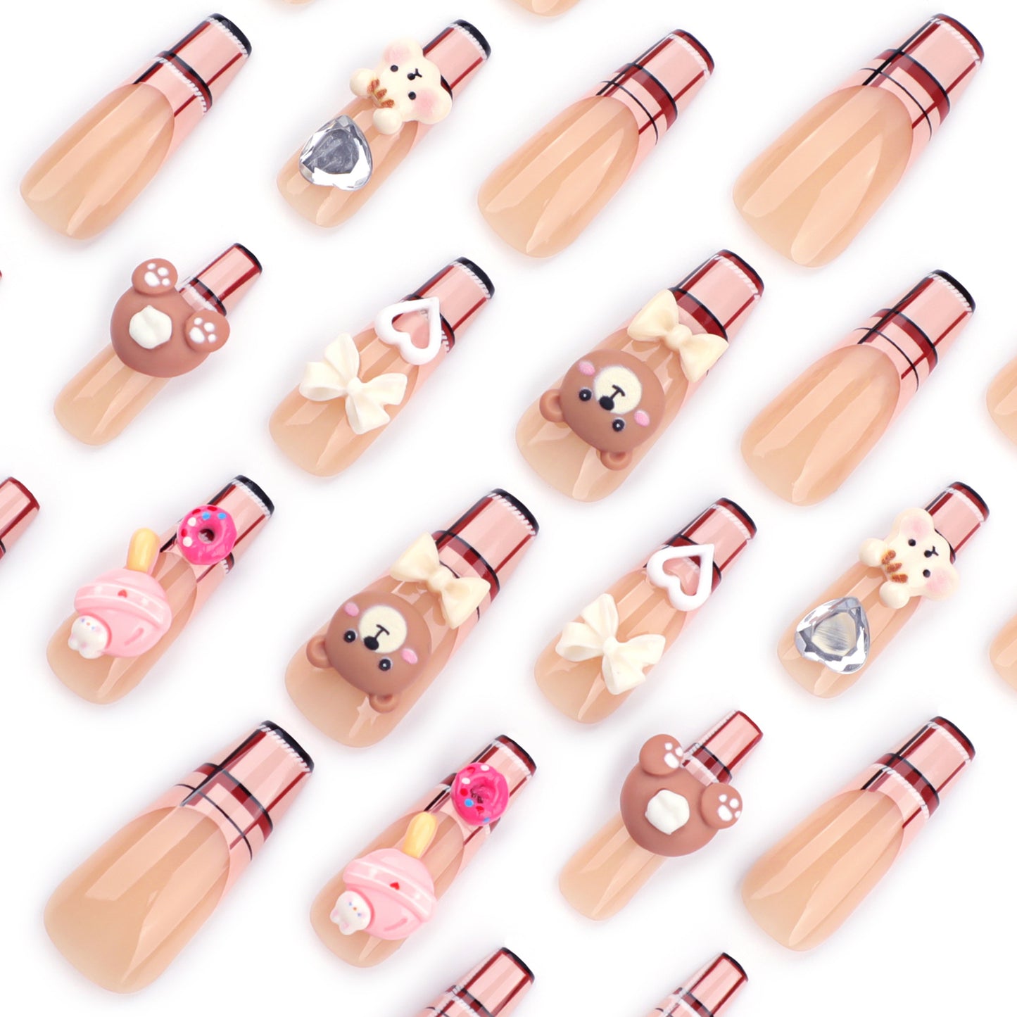 Whimsical Delight Long Coffin Beige Press-On Nail Set Featuring Adorable Bear and Bow Charms