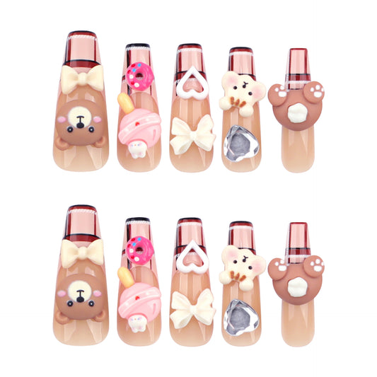 Whimsical Bear Delight Long Coffin Soft Beige Press-On Nail Set with Cute 3D Character Accents