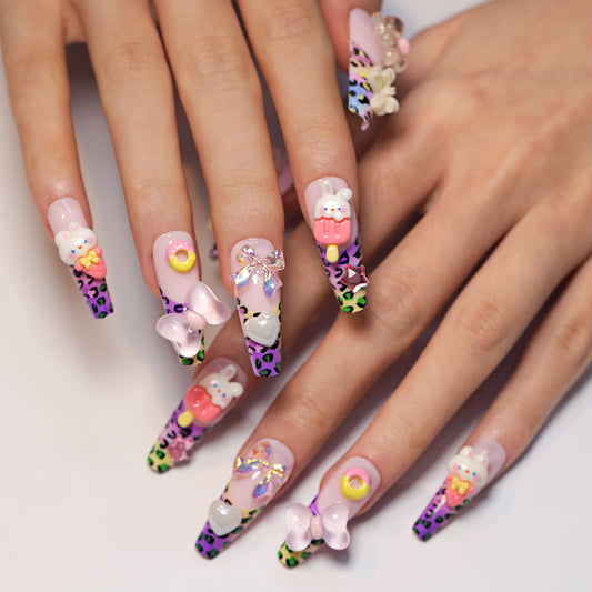 Whimsical Jungle Long Coffin Purple and Green Detailed Nail Set with Charming Accessories
