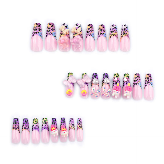 Charming Safari Style Long Coffin Shaped Pink Press On Nails with Cute Animal and Dessert Charms
