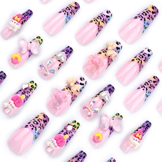 Whimsical Jungle Pink Long Coffin Press-On Nail Set with Animal Print and Cute Charms