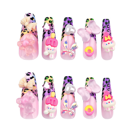 Sweet Safari Inspired Long Coffin Glossy Pink Leopard Bow and Charm Press-On Nail Set