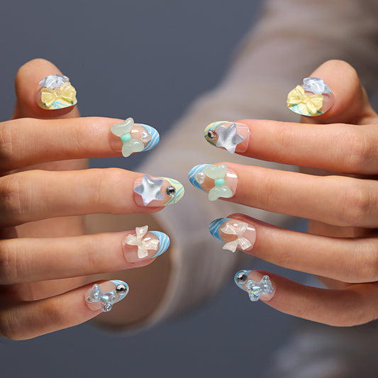 Enchanting Ocean Wave Short Round Press-On Nail Set with Blue and Pastel Swirls Featuring Cute Bow and Star Accents