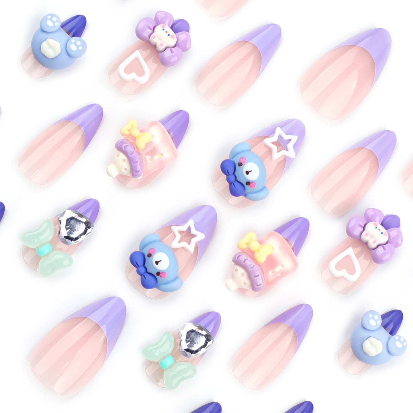 Whimsical Wonderland Dreamy Pink Gradient Medium Almond Shape Press On Nail Set with Charming Character Decorations