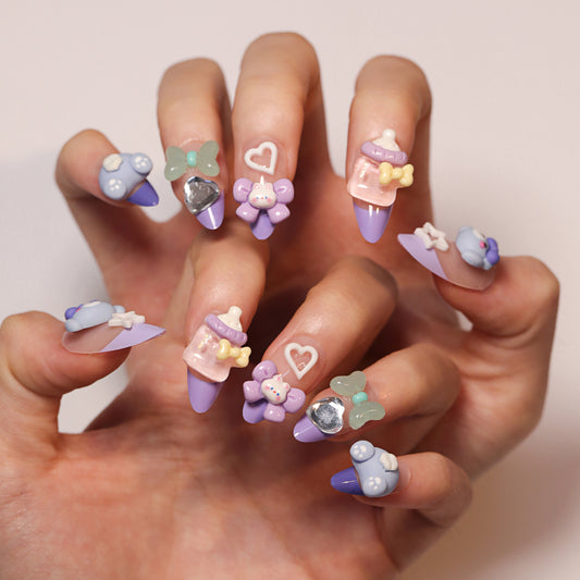 Whimsical Delight Medium Almond Lavender Press On Nail Set with Adorable Charm Designs