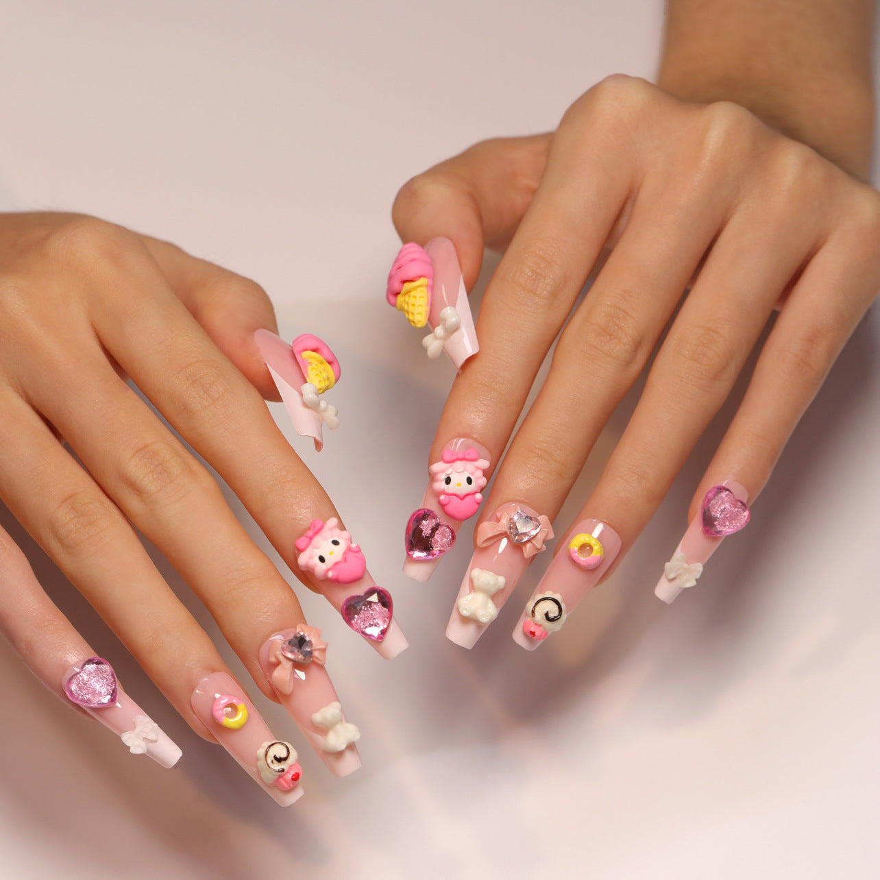 Sweet Treats Long Coffin Pink Press On Nail Set With Charming Ice Cream And Heart Designs