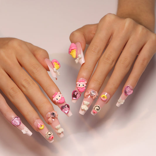 Sweet Treats Long Coffin Pink Press On Nail Set With Charming Ice Cream And Heart Designs
