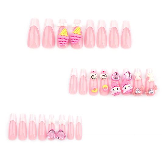 Charming Summer Vibes Long Coffin Pink Press On Nail Set with Cute Fruit and Dessert Decorations