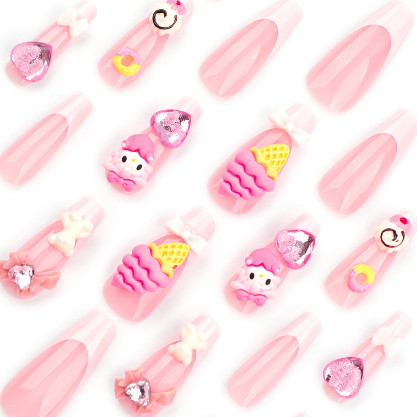 Sweet Delight Long Pink Coffin Shape Press On Nail Set With Cute Dessert Themes And Adorable Decorative Elements