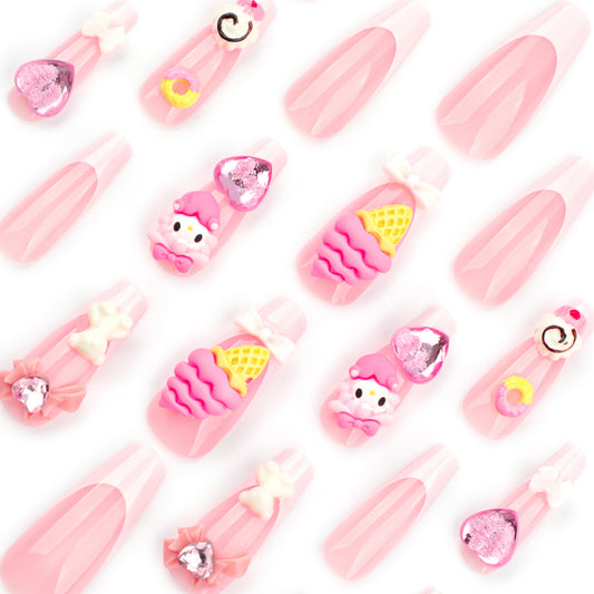 Sweet Delight Long Pink Coffin Shape Press On Nail Set With Cute Dessert Themes And Adorable Decorative Elements