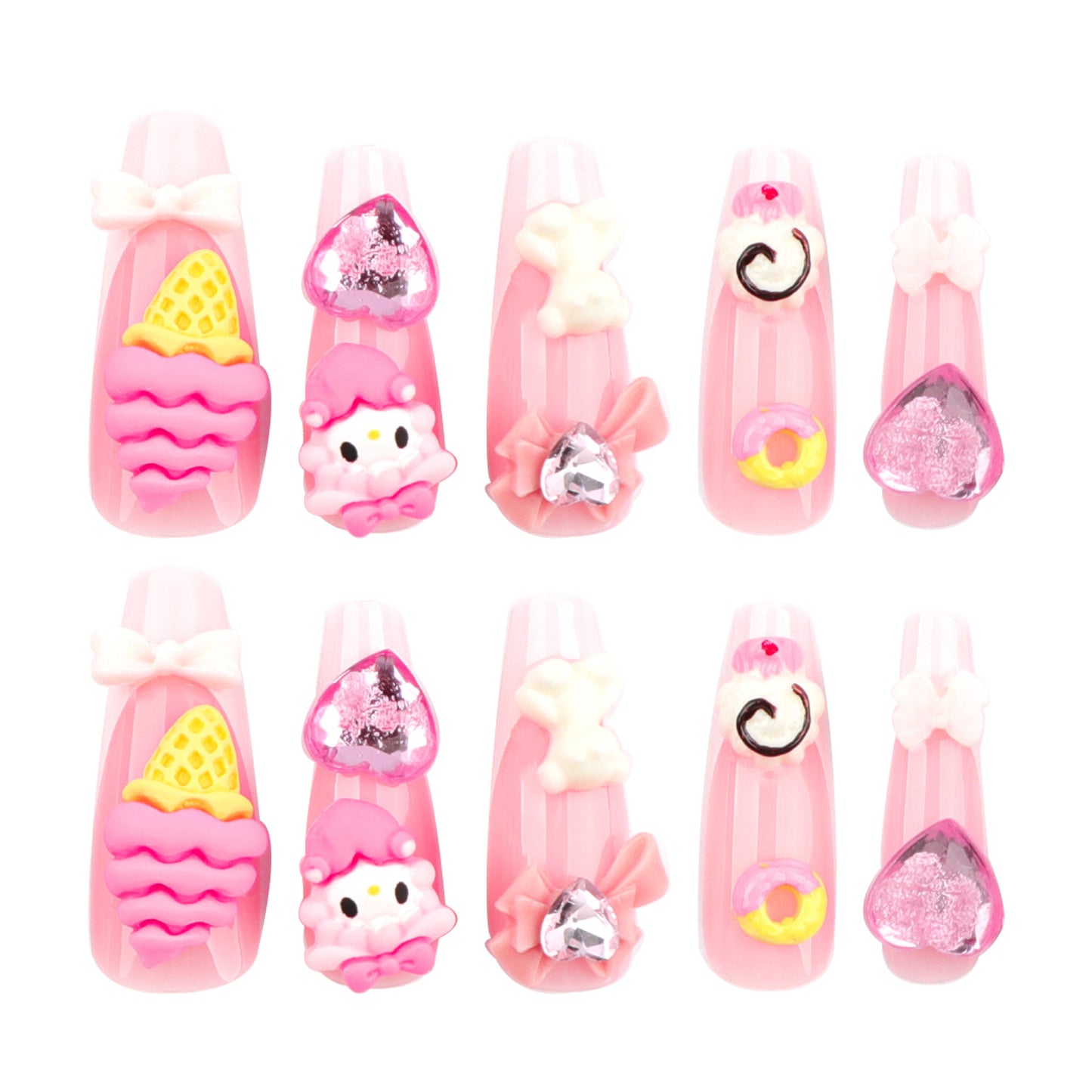 Sweet Treats Fantasy Long Coffin Pink Press On Nail Set With Unique Fun 3D Decorations
