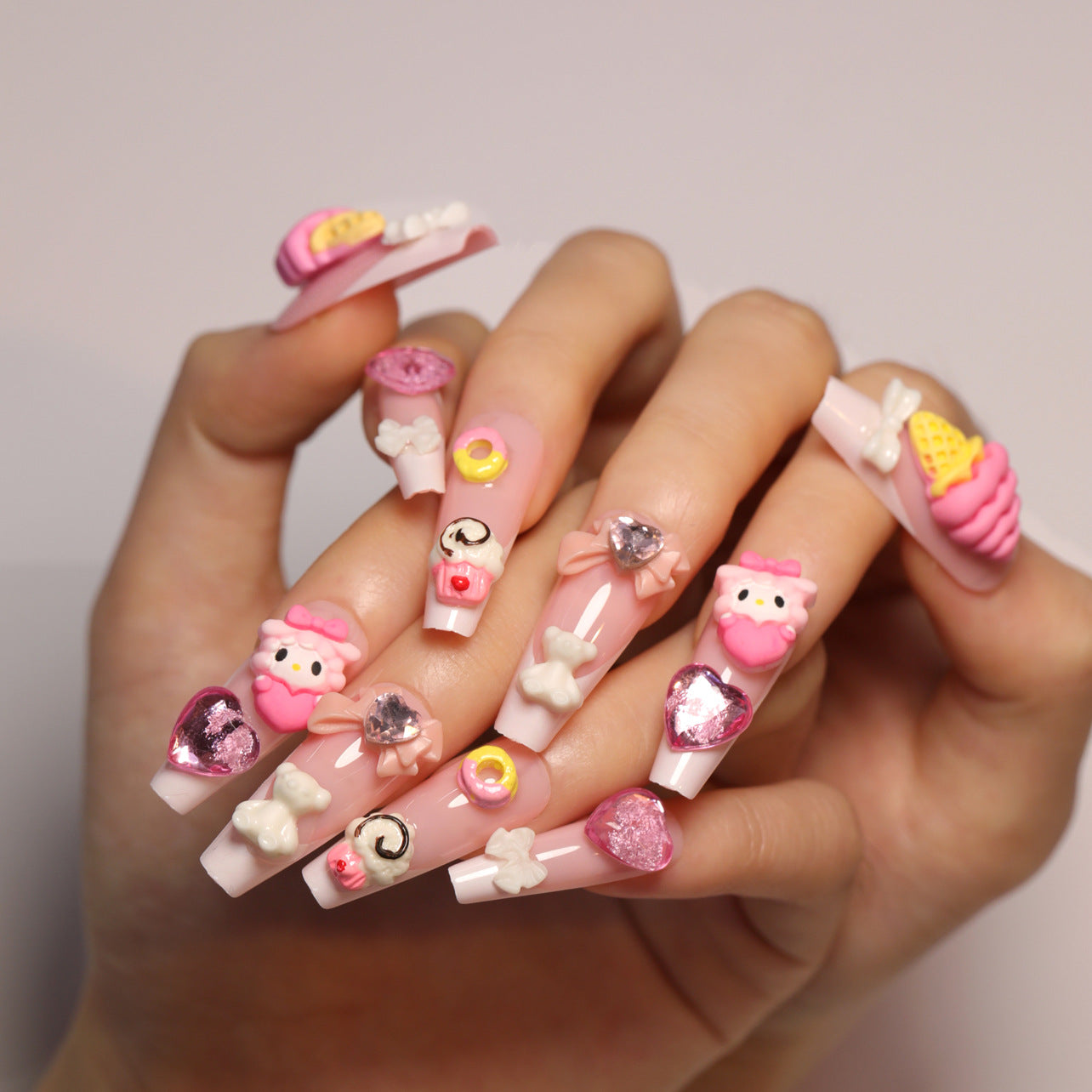 Sweet Treats Pink Long Coffin Shaped Press On Nail Set With Charming Dessert Decorations