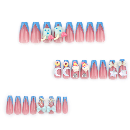 Whimsical Dreamscape Long Coffin Shaped Pink and Blue Press-On Nail Set with Charming Decorative Elements