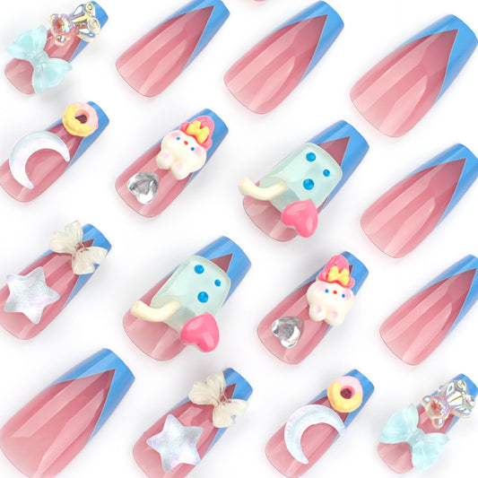 Whimsical Charm Long Coffin Pink and Blue Press On Nail Set with Adorable Character Accents