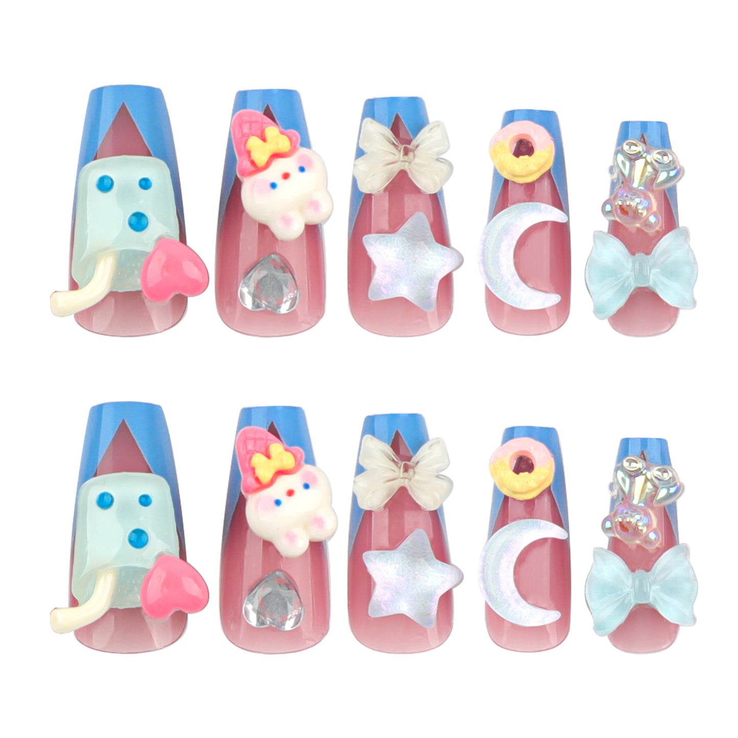 Dreamy Fantasy Long Coffin Press-On Nails in Blue Pink with Fun Embellishments