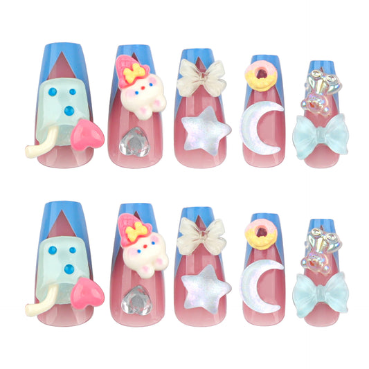 Dreamy Fantasy Long Coffin Press-On Nails in Blue Pink with Fun Embellishments