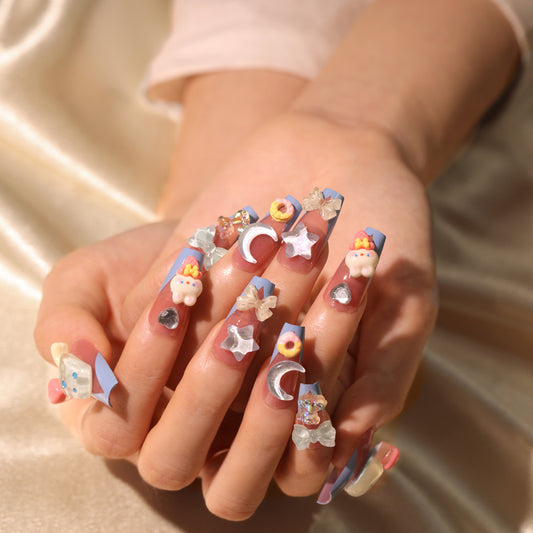 Dreamy Fantasy Long Coffin Blue and Pink Press On Nail Set with Charming Character Accents