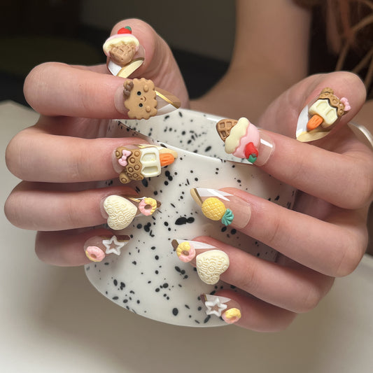 Sweet Treats Delight Medium Almond Shaped Multicolored Press On Nail Set with Unique Dessert Designs
