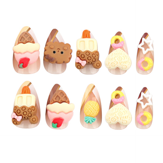 Sweet Treats Delight Medium Almond Shaped Multicolor Press On Nail Set with Whimsical Dessert Designs